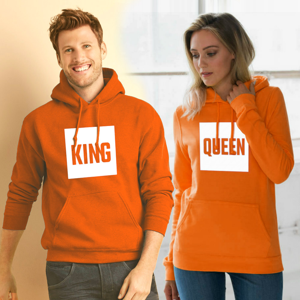 hoodie koningsdag oranje met king of queen print