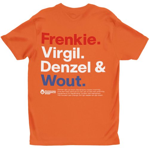 Oranje Tshirt Voetbalspelers namen Frenkie, Virgil, Denzel, Wout